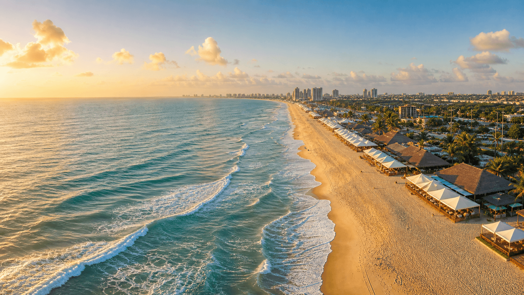 Vista aérea da Praia do Futuro com mar, faixa de areia e barracas na orla